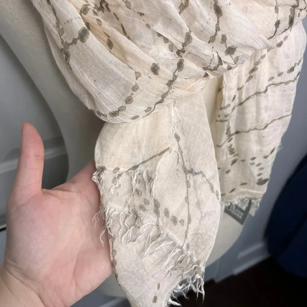 Eileen Fisher Scarf Women's White Grey Web Printed Gauze Modal Silk Flawed